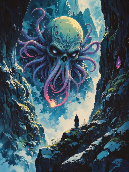 famous artwork, award-winning, hyper-realistic, highly aesthetic, gorgeous, stunning, beautiful, ultra-high-resolution, 8k, 4k, dramatic, epic, meticulous, accurate, at night, dim lighting, leading lines, dynamic, touched by a repugnant tentacle, i climb desperately to escape, from this place of death, this nightmare of dreamlands, in sunless and eternal depths, the peaks of thok, silence and blackness, in the mouth of madness, i sink, i fall, in the eternal darkness, night-gaunts, blindness, in the mouth of madness, i sink, i crawl, mindless horror, unnatural angles, unholy glow, tower of despair, color gradients, color contrast, lovecraftian, cthulhu mythos, ovg, studio ghibli dark fairytale, aidmamj6.1, <lora:style-dark_ghibli-flux-by_arsmachina:0.8> <lora:midjourney_61-v0.5-flux-by_aidma:0.68>