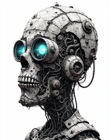 A graphic illustration, black and white, of a rugged metal robot with electric blue eyes. <lora:Dieselcore:0.8> d1eselc0re <lora:Glitchcore_Flux:0.2> gl1tchc0re