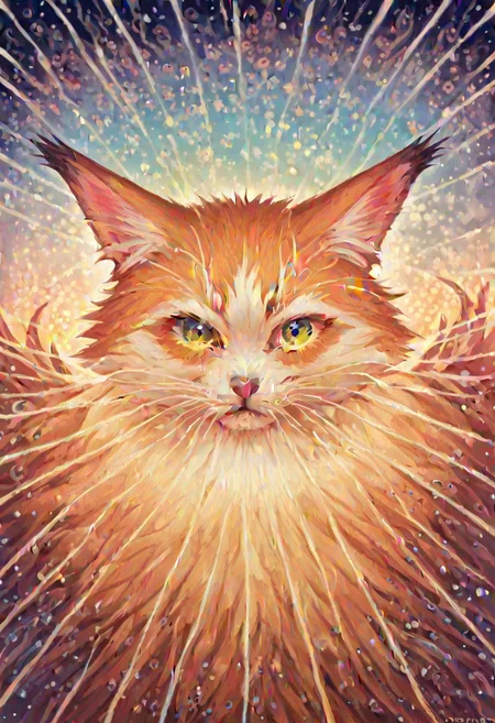 score_9, score_8_up, score_7_up, source_anime, 
 A fluffy cat sits regally in the center of a swirling nebula.  Sheet music unfurls from its paws, notes transforming into celestial bodies and exploding into symphonies of color.  Black holes peek through the swirling fur, revealing swirling galaxies within.
tasvisuals, 1dk, portrait tasvisuals, Glitched gods, Elaborate detailed life like glitched reality, Satanic necromancy opening portals to intergalactic hellscapes, norman rockwell style
alexgrey
lattice
veins
symmetry
multicolored eyes