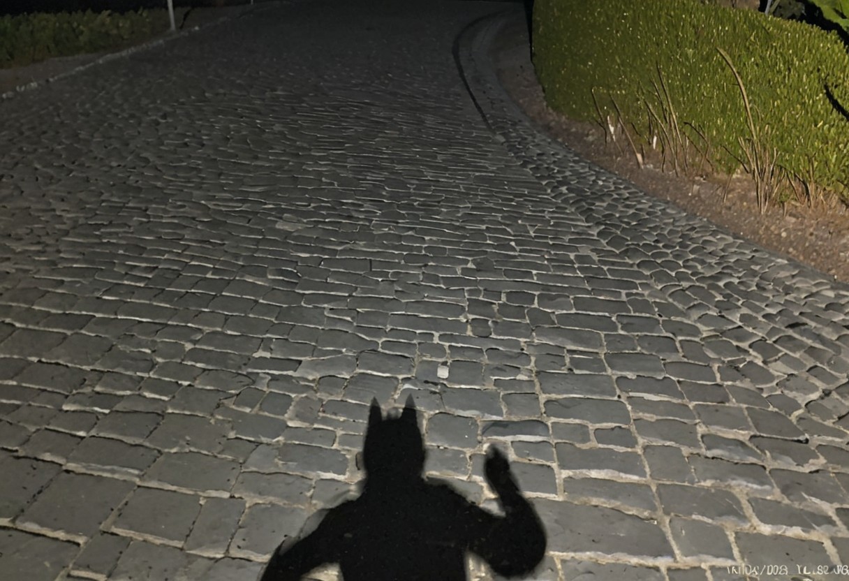randshadscree, solo, shadow, outdoors, standing, scenery, silhouette, night, male focus, running cat,
 cobblestone,