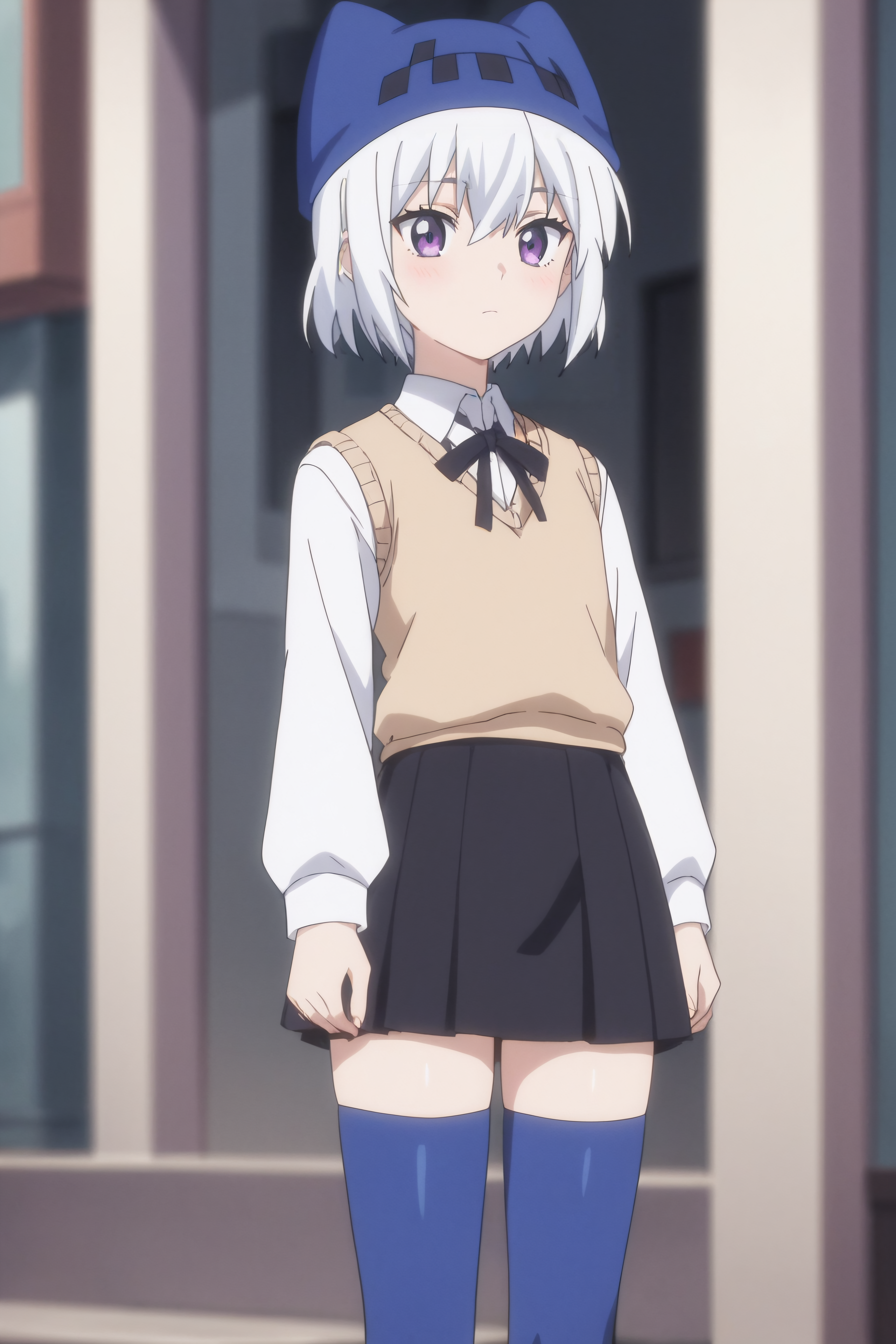 score_9, score_8_up, score_7_up, source_anime, <lora:Athena-PonyXL-lora-Faxtron:0.8> athena, purple eyes, white hair, short hair, hat with ears, beige sweater vest, white shirt, black neck ribbon, long sleeves, black skirt, blue thighhighs, standing, anime screencap,