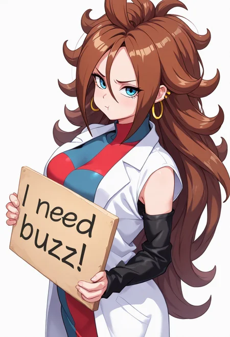 masterpiece, 1girl, looking at viewer, pout, need_buzz , holding sign, android 21, 1girl, blue eyes, brown hair , long hair, very long hair, black sleeves, checkered clothes, checkered dress, detached sleeves, dress, lab coat, turtleneck , white background,