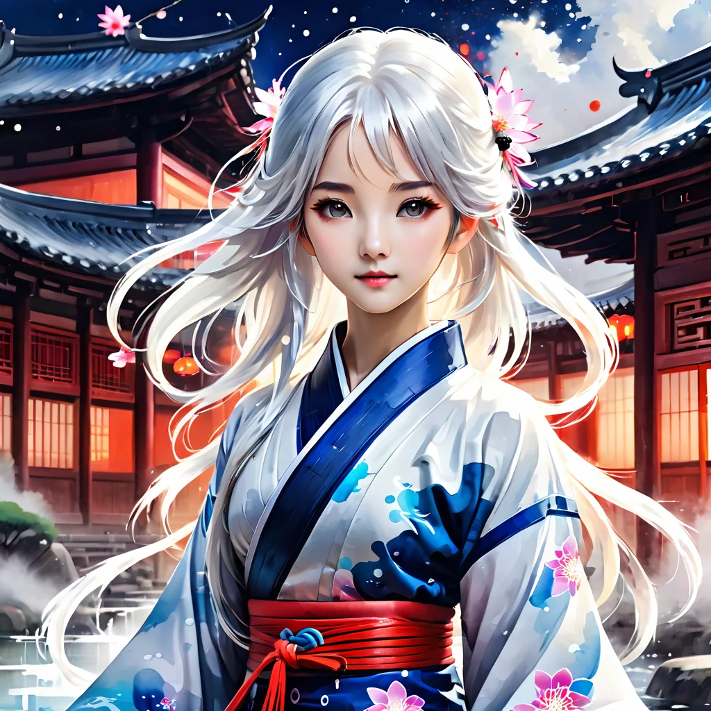 ink splashing,semi realistic, 2d game scene,oil and watercolor painting,
<lora:fantasy_world:1>ï¼
(masterpiece,best quality,extremely detailed CG unity 8k wallpaper,ultra-detailed),(best illumination,best shadow,an extremely delicate and beautiful),ink_wash_painting,night,(tai_chi:1.25),(yin_yang:0.85),ba gua,swirl,(the_bottom_of_the_bottlebackground:1.1),(1_girl:1.2),solo,The character is in the center of the frame,medium_full_shot,hanfu,taoist_robes,celestial_being_uniform,long_hair,(alternate hair color:1.3),white hair,black hair,a small red ornament,beautiful_detailed_eyes,indigo_eyes,(girl_surrounded_by_floating_water_flow:1.3),medium_breasts,wind,lotus,(cloudy:1.1),(stratocumulus_stratiformis:1.35),looking_at_viewers,cowboy shot