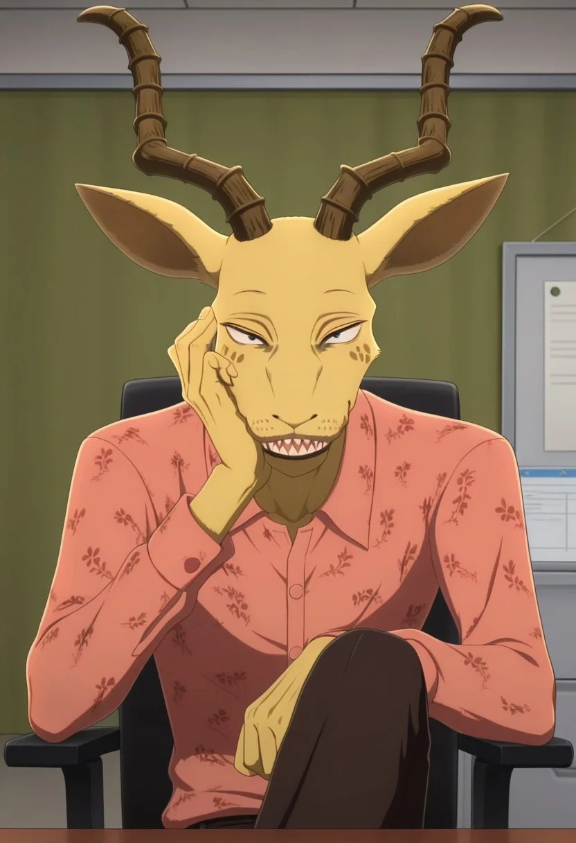 Masterpiece, best quality, high quality, detailed, male, solo male, 1boy, MelonBeastars, anthro, mature male, antlers, animal ears, light yellow body, black eyes, beastars, broad shoulders, looking at viewer, smiling, pink shirt, black pants, indoors, sitting in chair, office, one leg over the other, resting head on hand, half body, sharp teeth