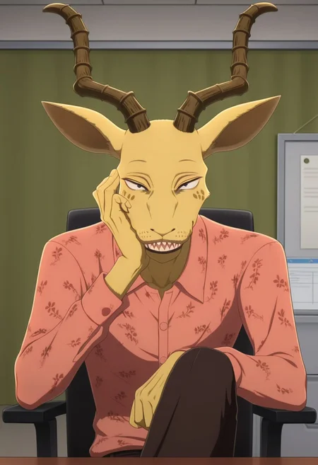 Masterpiece, best quality, high quality, detailed, male, solo male, 1boy, MelonBeastars, anthro, mature male, antlers, animal ears, light yellow body, black eyes, beastars, broad shoulders, looking at viewer, smiling, pink shirt, black pants, indoors, sitting in chair, office, one leg over the other, resting head on hand, half body, sharp teeth