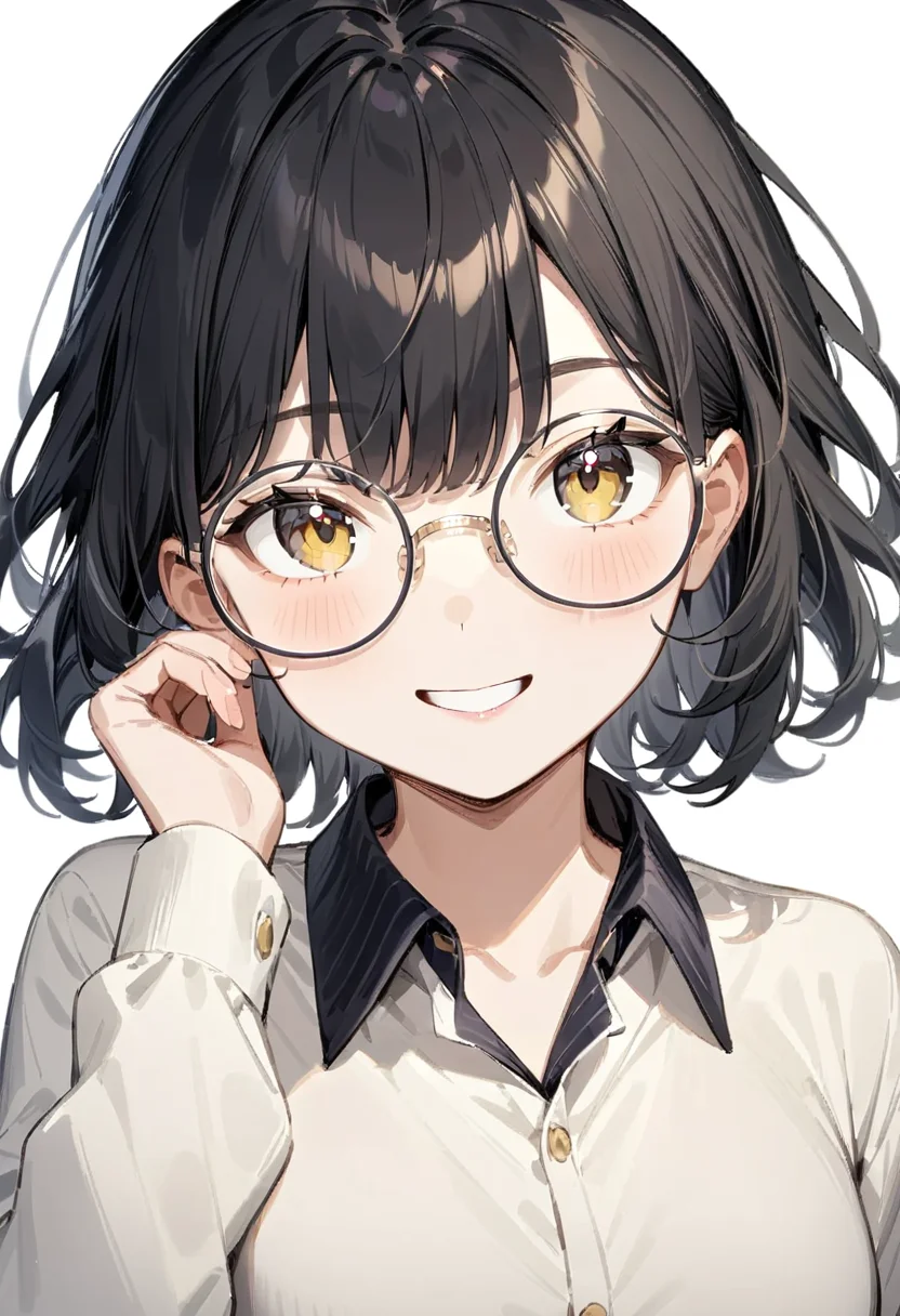 masterpiece, best quality, very aesthetic, absurdres,
1girl, solo, black hair, medium hair, smile, looking at viewer, upper body, collared shirt,
round_glasses22A, yellow-framed eyewear, 
white background, simple background,
 <lora:round_glasses_metal-frame_SDXL_V1:1>
