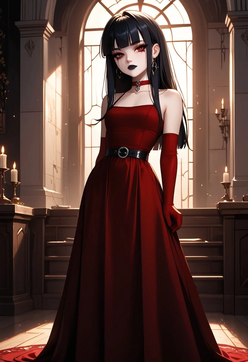 (masterpiece), 8k, best quality, ultra-detailed, (high res), cinematic lighting, beautiful lighting, high quality, studio quality, detailed, insanely detailed, extreme detail, refined detail, perfect detail, max detail, smooth lighting, detailed background, hyper detailed body, beautiful lighting, vibrant lighting, global illumination, absurdres, high-res, dynamic lighting, score_9, score_8_up, score_7_up, score_6_up, score_5_up, score_4_up, ponypositive, 1girl, solo, solo focus, (narrow waist, skinny, small body, slim), looking at viewer, (3/4 view), indoors, (Gothic Castle), bright lighting, daylight, sunshine, cute, kawaii, gleaming eyes, (closed mouth), no expression, legs spread, big eyes, (standing), alone, Expressiveh, (hands by sides), (rating_safe, sfw), cgi, (dark red dress, black dress accents), goth, blunt bangs, (dark red elbow gloves), long hair, red eyes, makeup, (black leather boots), black stockings, (dark red choker), lips, total drama, Crimson_(Total_Drama), (pale white skin), black lips, lipstick, (black hair, white bangs, multi-colored hair, streaks), (long dress), (goth makeup), black belt, jewelry,