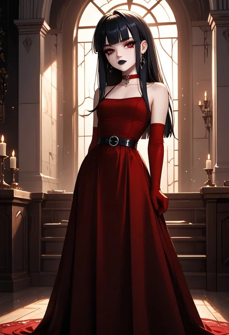 (masterpiece), 8k, best quality, ultra-detailed, (high res), cinematic lighting, beautiful lighting, high quality, studio quality, detailed, insanely detailed, extreme detail, refined detail, perfect detail, max detail, smooth lighting, detailed background, hyper detailed body, beautiful lighting, vibrant lighting, global illumination, absurdres, high-res, dynamic lighting, score_9, score_8_up, score_7_up, score_6_up, score_5_up, score_4_up, ponypositive, 1girl, solo, solo focus, (narrow waist, skinny, small body, slim), looking at viewer, (3/4 view), indoors, (Gothic Castle), bright lighting, daylight, sunshine, cute, kawaii, gleaming eyes, (closed mouth), no expression, legs spread, big eyes, (standing), alone, Expressiveh, (hands by sides), (rating_safe, sfw), cgi, (dark red dress, black dress accents), goth, blunt bangs, (dark red elbow gloves), long hair, red eyes, makeup, (black leather boots), black stockings, (dark red choker), lips, total drama, Crimson_(Total_Drama), (pale white skin), black lips, lipstick, (black hair, white bangs, multi-colored hair, streaks), (long dress), (goth makeup), black belt, jewelry,