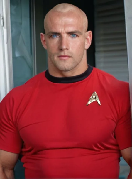1boy, 20 year old male, Handsome, masculine, blonde, star trek, red shirt, muscle, tall, tight shirt, wide pectorals, big shoulders, wide shoulders, muscular neck, German, bald, big pale blue eyes,
stunf, star trek uniform,