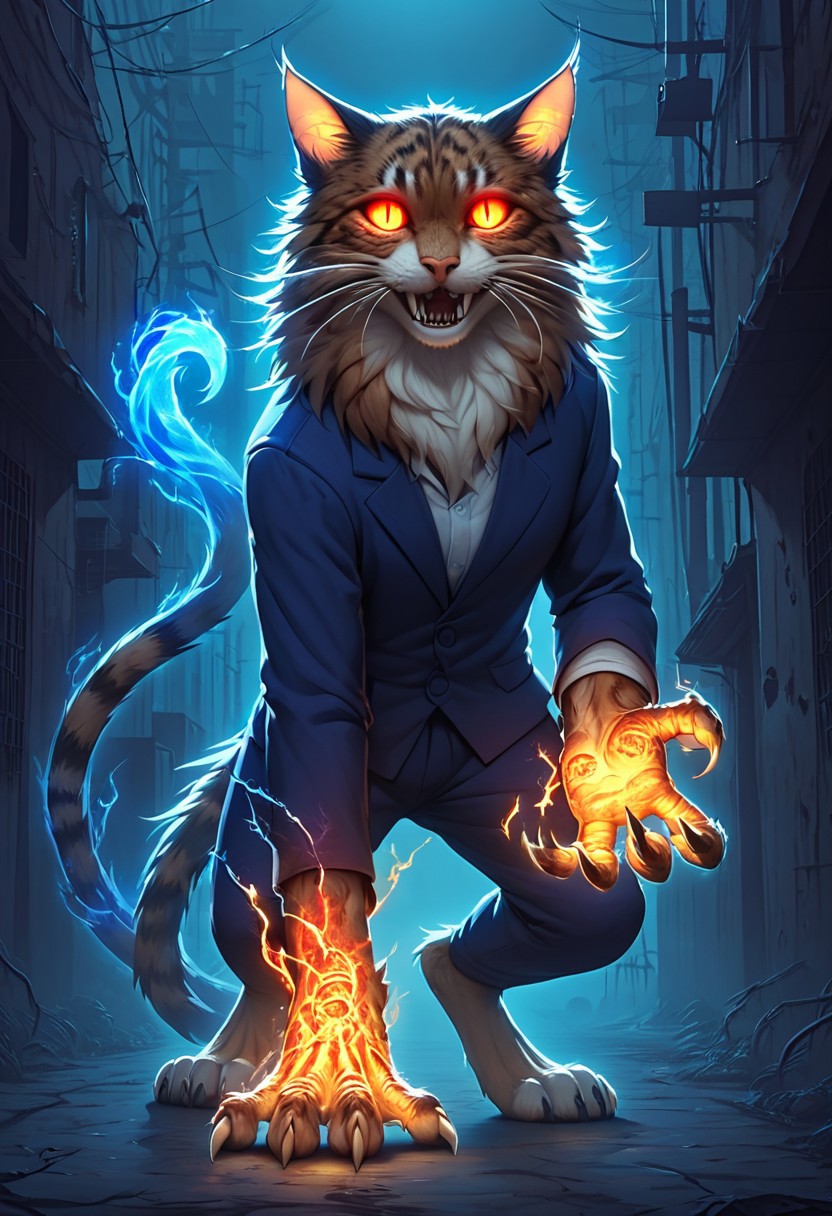1evil cartoon cat, glowing red eyes, dark alley, sinister smile, sharp claws, tattered clothing, dim moonlight, eerie shadows, vibrant colors, sleek fur, twisted whiskers, creepy, vivid details, exaggerated features, menacing posture, glowing aura, dark atmosphere, urban setting, realistic textures, professional illustration.