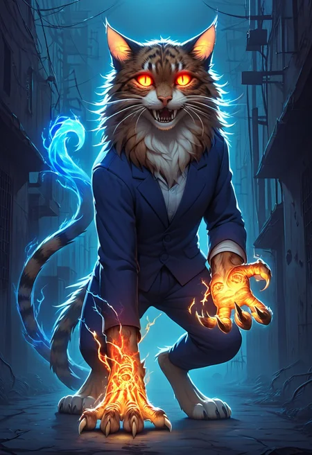 1evil cartoon cat, glowing red eyes, dark alley, sinister smile, sharp claws, tattered clothing, dim moonlight, eerie shadows, vibrant colors, sleek fur, twisted whiskers, creepy, vivid details, exaggerated features, menacing posture, glowing aura, dark atmosphere, urban setting, realistic textures, professional illustration.
