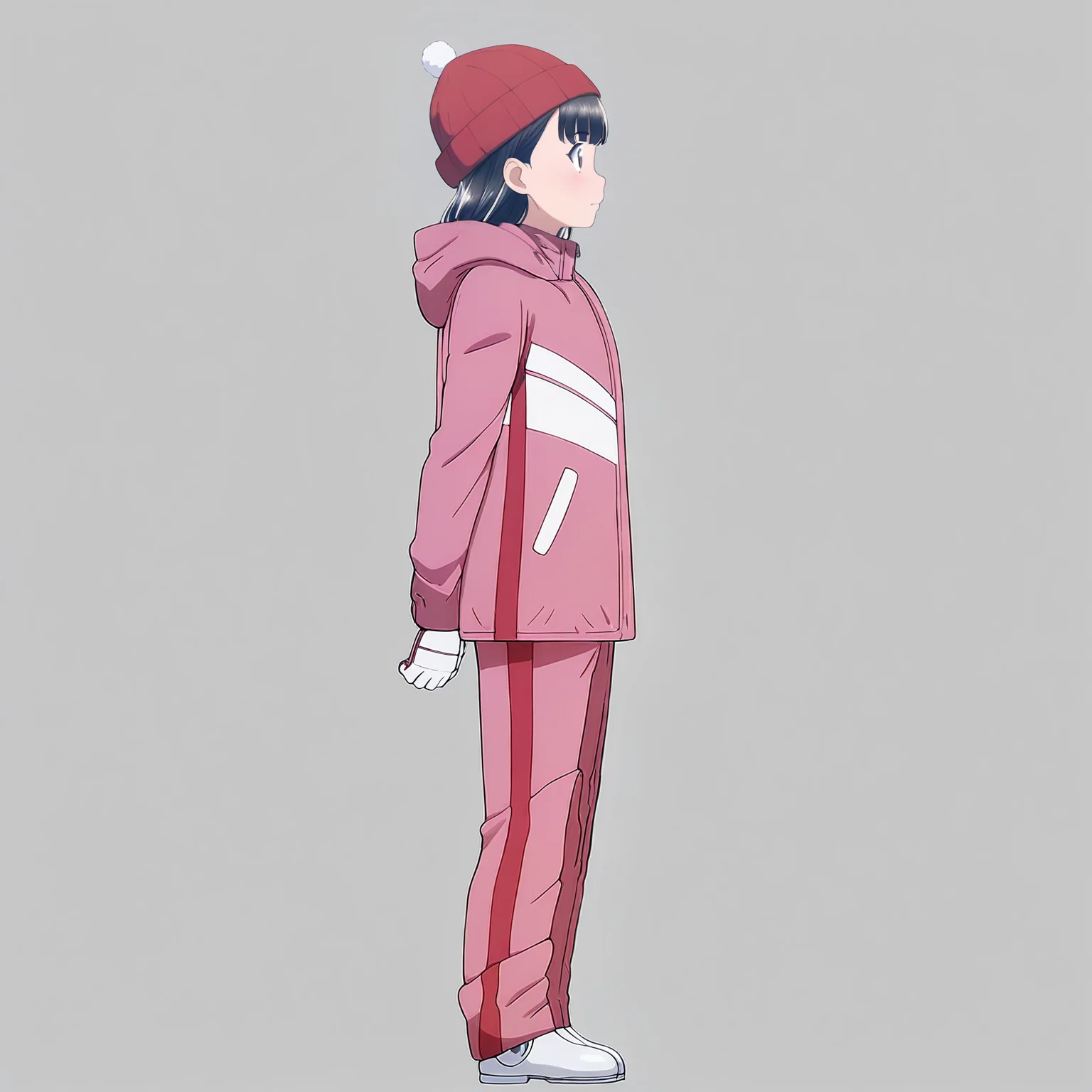 masterpiece, best quality, score_9,
 <lora:Hitomi_hinamatsuri_v11:1>, hitomi_il, 1girl, solo:, brown_hair, bangs, hair_between_eyes, brown_eyes, red_winter_hat, pink_winter_jacket:1, pink_winter_pants, winter_gloves, winter_shoes, full body, pom-pom,  simple background, from side,