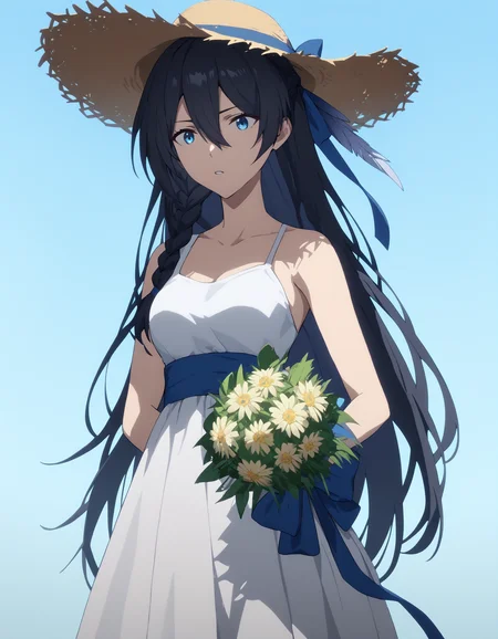 score_9,score_8_up,score_7_up,simple background,magazine cover,straw_hat,sundress,
<lora:gutu_pony:0.6>,gutu,1girl,solo,blue eyes,long hair,black hair,braid,bangs,hair between eyes,feathers,anime screencap,medium breasts,thighs,holding_bouquet,parted lips,<lora:magazine-cover-ponyxl-lora-nochekaiser:1>,<lora:Anime_Screencap:1>,