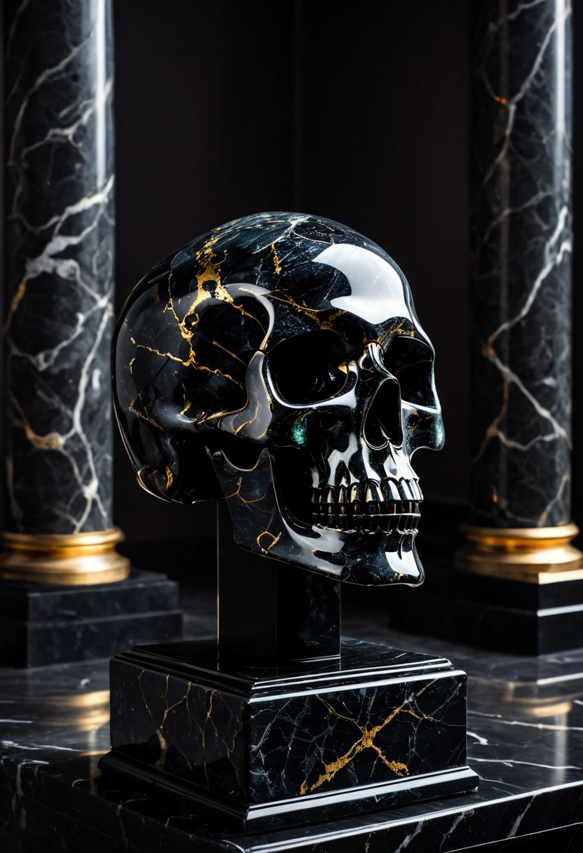 Fujifilm XT3, Sony A7 IV, (award winning photography) a (black: 0.89) marble skull made of opal (Kintsugi) set on a pedestal in temple, glistening. in the background beautiful pillars, divine (iridescent: 0.79), opalescent textures, volumetric light, ethereal, sparkling, studio photo, highly detailed, sharp focus (highest quality: 1.39) (highest coherency: 1.39) (award winning photography), highly detailed photography, (muted colors, cinematic, dim colors, soothing tones:1.2), vibrant, insanely detailed, hyperdetailed, (dark shot:1.2), (vsco:0.3), (intricate details:0.9), (hdr, hyperdetailed:1.2) (vignette), sss