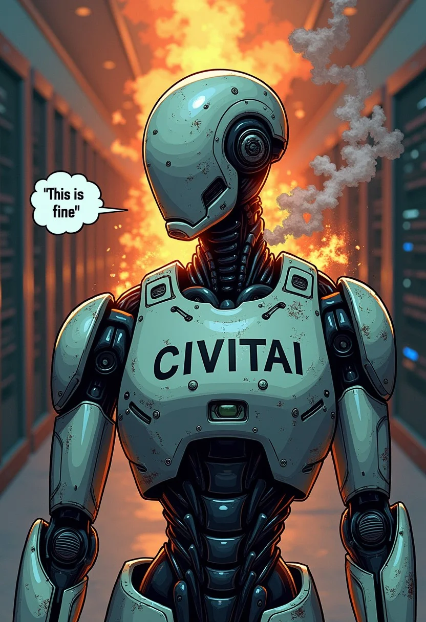 Masterpiece, highly detailed, highest detail, cartoony,
A damaged robot without a head, ((smoke coming out of torso)), server room background, "CIVITAI" tattoed on robot's chest, a speech bubble saying "This is fine" coming out of robot, conflagration in the background,