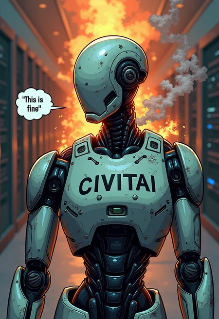 Masterpiece, highly detailed, highest detail, cartoony,
A damaged robot without a head, ((smoke coming out of torso)), server room background, "CIVITAI" tattoed on robot's chest, a speech bubble saying "This is fine" coming out of robot, conflagration in the background,