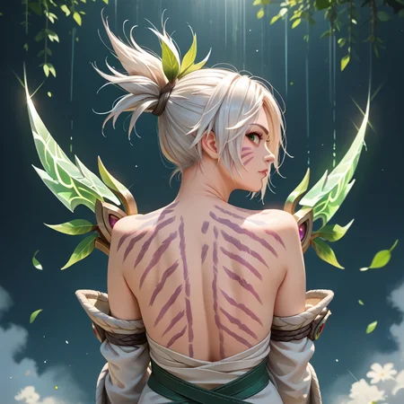 score_9, score_8_up, score_7_up, source_anime, masterpiece, best quality , 1girl, back, kerokan, solo, looking back, riven_\(league_of_legends\), <lora:kerokan:1>