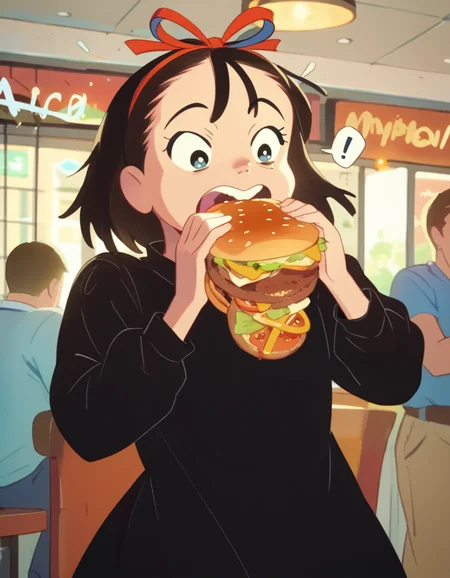 score_9,  score_8_up, score_7_up, source_anime, <lora:kikimac-ponyxl-000009:1> kikimac, hair ribbon, black dress, dress, mcdonald's,
<lora:Burger_Malfunction-PonyXL-1024px:0.8> spoken_exclamation_mark, surprised,  eating, holding food, burger, burger_malfunction, tomato, cucumber, messym bacon, ketcup, mustard, salad, indoors