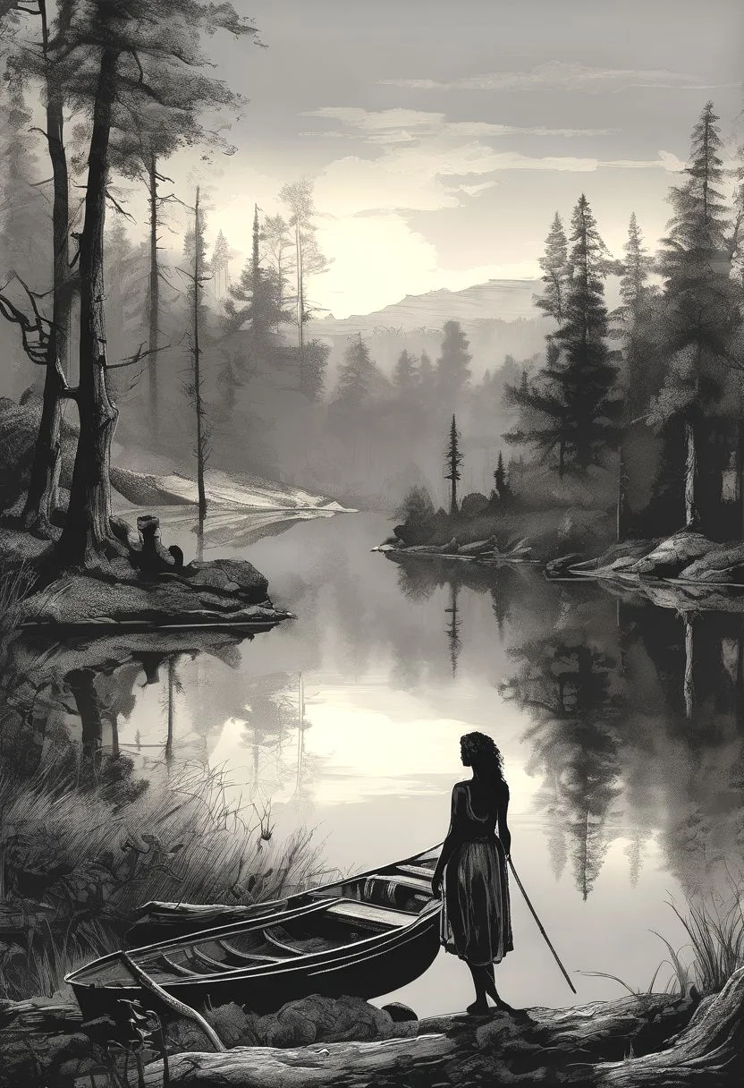 Advertising poster style painting by rembrandt, magical black and white landscape,a (silhoutte) of a beautiful long haired girl lit magical, ((naked girl:1.3)), 18 years old, silhouette natural lighting, rich, intricate details, moody, golden hour light, professional, highly detailed, masterpiece, atmospheric, Bleak, post-apocalyptic, somber, dramatic, highly detailed . Professional, modern, , commercial, eye-catching, highly detailed, petite body, small body