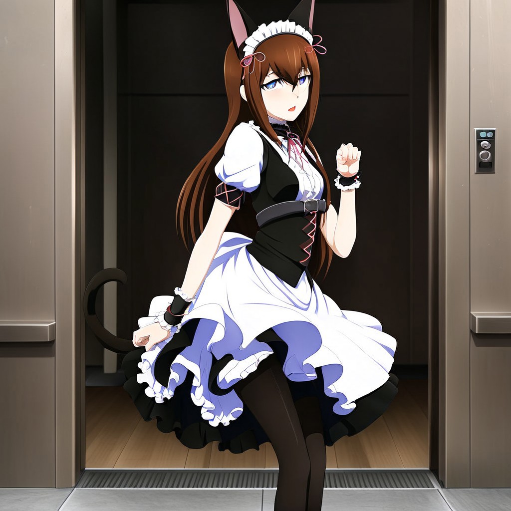 anime style , maid outfit , A cute and beautiful image of Makise Kurisu in maid outfit making a cat pose , ribbon , sexy legs , naughty pose