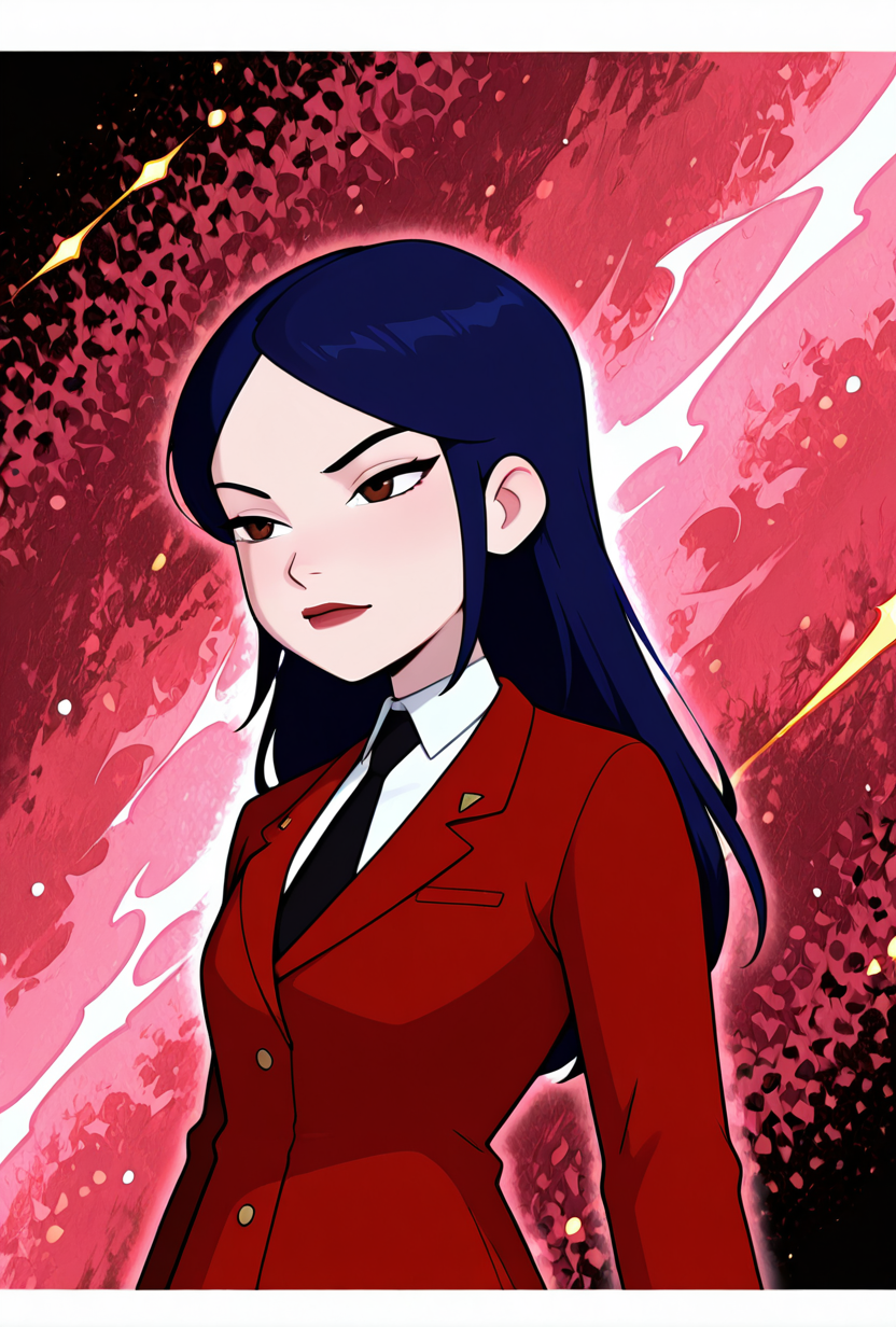 ((cartoon, screencap,  abstract background, upper body, halftone effect, white borders, abstract background:1.2,))  <lora:tiffanyos:1> tiffanyos, 1girl, long hair, blue hair, parted bangs, black necktie, school uniform, white undershirt, lipstick, long red jacket, maroon theme, dynamic pose,, masterpiece, best quality, amazing quality, very aesthetic, absurdres, newest,, upper body, halftone effect, white borders, abstract background:1.2,