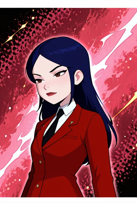 ((cartoon, screencap,  abstract background, upper body, halftone effect, white borders, abstract background:1.2,))  <lora:tiffanyos:1> tiffanyos, 1girl, long hair, blue hair, parted bangs, black necktie, school uniform, white undershirt, lipstick, long red jacket, maroon theme, dynamic pose,, masterpiece, best quality, amazing quality, very aesthetic, absurdres, newest,, upper body, halftone effect, white borders, abstract background:1.2,