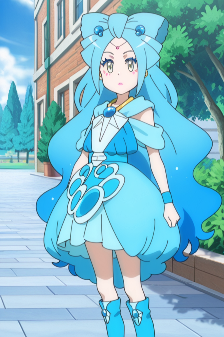 standing, outdoors, looking at viewer, 
 <lora:lilie_v3:1.1> mag3ca gir7l, 
li7lie mag3cal,green eyes,blue hair,very long hair,yellow balls earrings,makeup,blue dress,blue wristbands,blue skirt, blue boots,, masterpiece, high quality, absurdres, best quality, very aesthetic, newest,