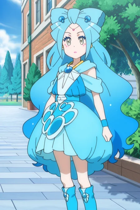 standing, outdoors, looking at viewer, 
 <lora:lilie_v3:1.1> mag3ca gir7l, 
li7lie mag3cal,green eyes,blue hair,very long hair,yellow balls earrings,makeup,blue dress,blue wristbands,blue skirt, blue boots,, masterpiece, high quality, absurdres, best quality, very aesthetic, newest,