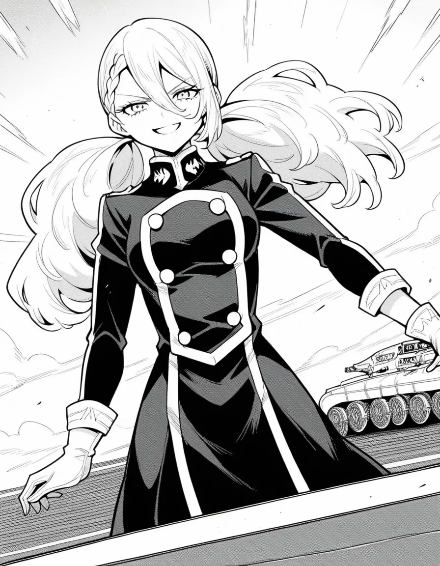 score_9, score_8_up, score_7_up, source_anime, <lora:varvara-pilipenko-manga-ponyxl-lora-nochekaiser:1>, varvara pilipenko, greyscale, monochrome, long hair, hair between eyes, braid, twintails,, gloves, uniform, military, military uniform, roller coaster, tracks, speed, fun, thrill, smile, smug, looking at viewer, solo,, dutch angle, cowboy shot