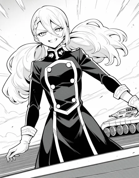 score_9, score_8_up, score_7_up, source_anime, <lora:varvara-pilipenko-manga-ponyxl-lora-nochekaiser:1>, varvara pilipenko, greyscale, monochrome, long hair, hair between eyes, braid, twintails,, gloves, uniform, military, military uniform, roller coaster, tracks, speed, fun, thrill, smile, smug, looking at viewer, solo,, dutch angle, cowboy shot