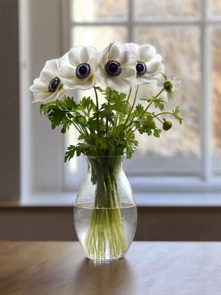 detailed,  Anemone by ingrid-elias-style in a white flower vase, in a room, sitting on a table with a  window in one wall<lora:ingrid_elias_style:0.8>