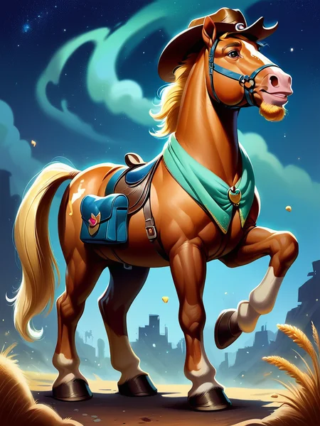solo galloping  horse, saddle with a bag, night , beard,  cowboy hat, dust dirt, western street
 pny-safe
