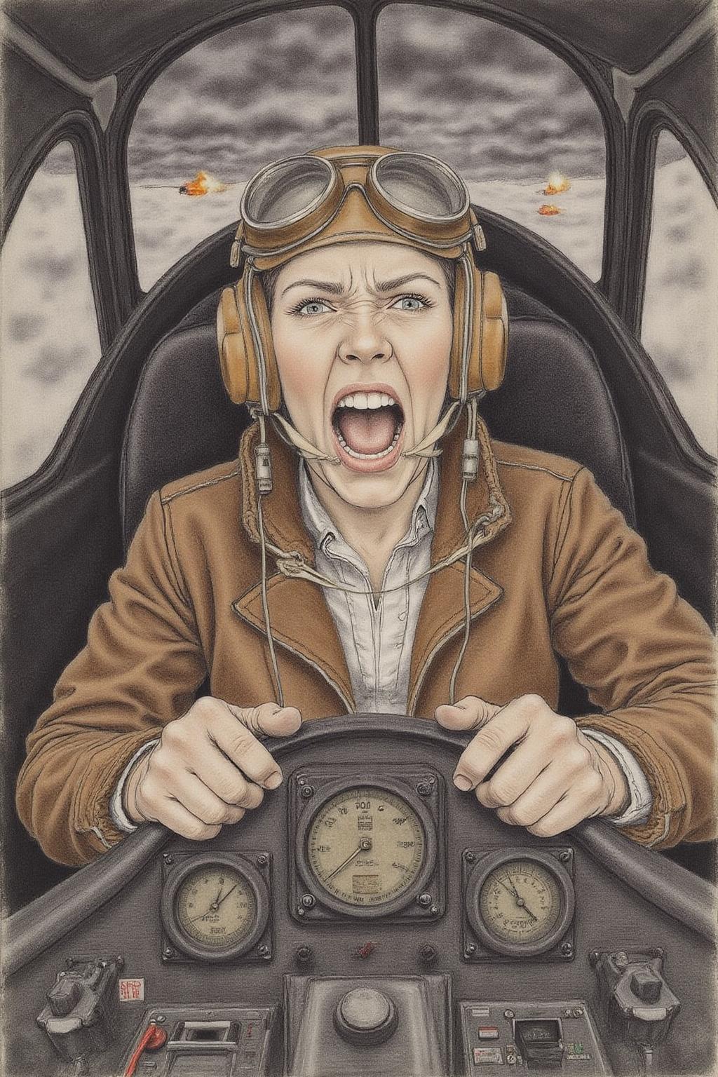 hansho1 monochromatic pencil drawing,
A female pilot screaming inside the cockpit of a WWII bomber. The pilot, wearing a vintage leather flight helmet with goggles and a brown bomber jacket, grips the controls with white-knuckled hands. Her face is contorted in a mix of fear and determination as she yells, her eyes wide with adrenaline. The cockpit is cramped and filled with old-fashioned dials and gauges, with the outside view showing dark stormy clouds and distant anti-aircraft fire. The scene is lit by the eerie glow of the instrument panel, casting harsh shadows across her face, emphasizing the intensity and danger of the moment. High contrast, dynamic composition, gritty and realistic, with a cinematic feel.  <lora:hansho2_nocap_d6a3e12:1.0><lora:817313490525153379:0>