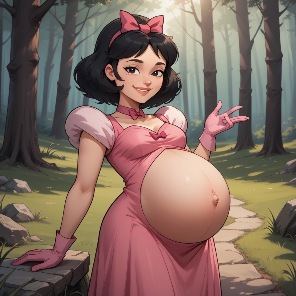 score_9, score_8, BREAK, solo, total drama, 1girl, black hair, white skin, pink hair bow, black eyes, lips, pointy nose, pink neck band, pink small dress, light pink gloves, bare legs, pink footwear, Ella_(\Total_Drama\), tdpi, cute, adult female, mature female, (((pregnant))), sexy pose, self portrait, smile, looking at viewer, outdoors, sunlight, shadows, evening lighting, natural lighting, forest, trees, grass, orange sky, sunset