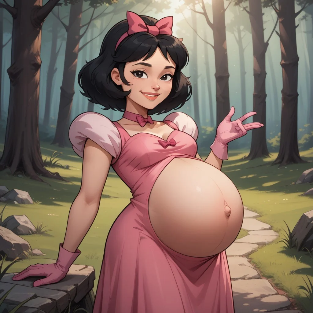 score_9, score_8, BREAK, solo, total drama, 1girl, black hair, white skin, pink hair bow, black eyes, lips, pointy nose, pink neck band, pink small dress, light pink gloves, bare legs, pink footwear, Ella_(\Total_Drama\), tdpi, cute, adult female, mature female, (((pregnant))), sexy pose, self portrait, smile, looking at viewer, outdoors, sunlight, shadows, evening lighting, natural lighting, forest, trees, grass, orange sky, sunset