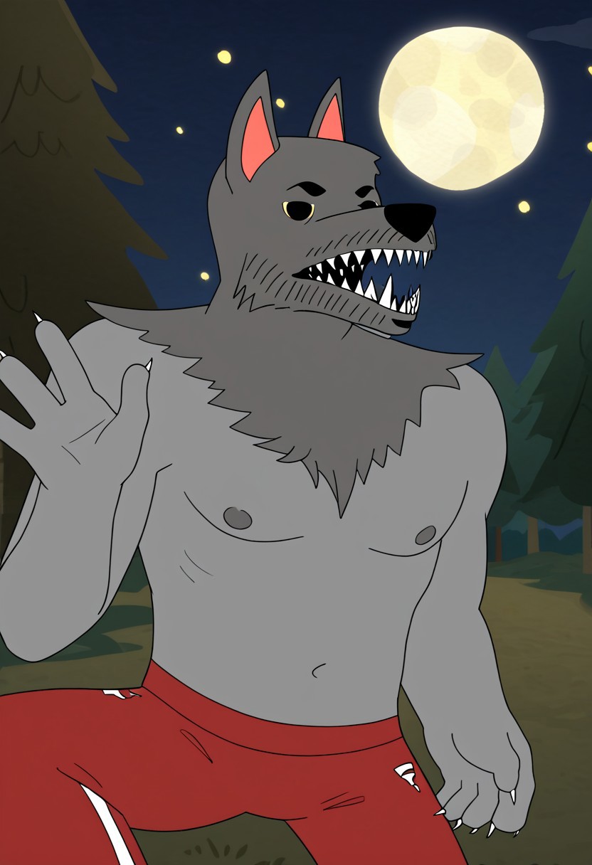score_9, score_8_up, score_7_up, masterpiece, high quality, detailed, flat colors, solo, male, werewahlfberg, anthro, athletic, grey fur, dark grey top fur, nipples, pointed ears, black nose, yellow sclera, black eyes, eyebrows, sharp teeth, red jogging pants, quarter body shot, side view, looking at viewer, chill, happy, open mouth, showing teeth, waving, wide eyes, leaning behind a tree, outdoors, night, full moon, stars, grassy plains, woods.