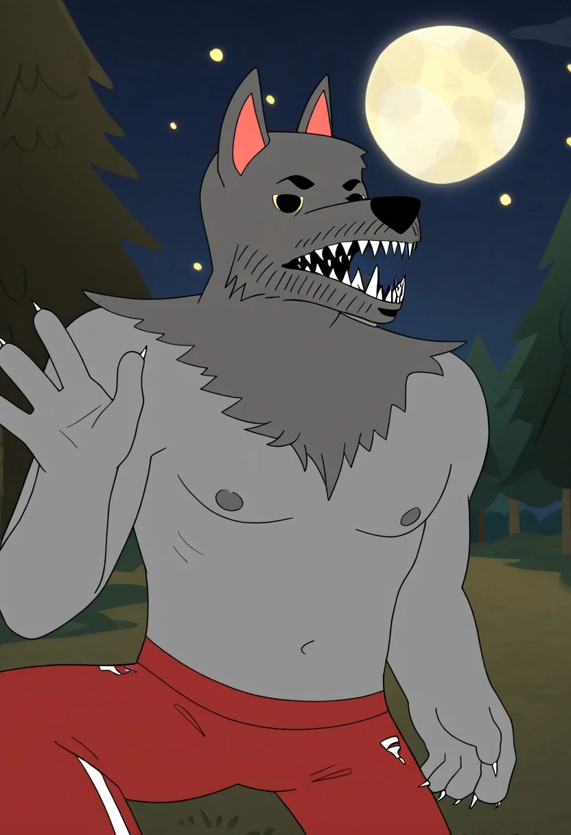 score_9, score_8_up, score_7_up, masterpiece, high quality, detailed, flat colors, solo, male, werewahlfberg, anthro, athletic, grey fur, dark grey top fur, nipples, pointed ears, black nose, yellow sclera, black eyes, eyebrows, sharp teeth, red jogging pants, quarter body shot, side view, looking at viewer, chill, happy, open mouth, showing teeth, waving, wide eyes, leaning behind a tree, outdoors, night, full moon, stars, grassy plains, woods.