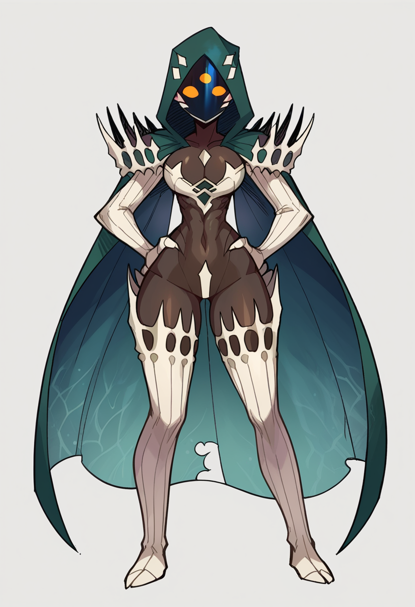<lora:Anime Style 2 SDXL_LoRA_Pony Diffusion V6 XL:0.5>, score_9, score_8_up, score_7_up, source_anime, BREAK <lora:D2LightAco-000020:1>, 1girl, monster girl, solo, D2LightAco, 3eyes, hood, cloak, glowing orange eyes, black skin, large breasts, BREAK looking at viewer, standing, hands on hip, BREAK simple white background,
