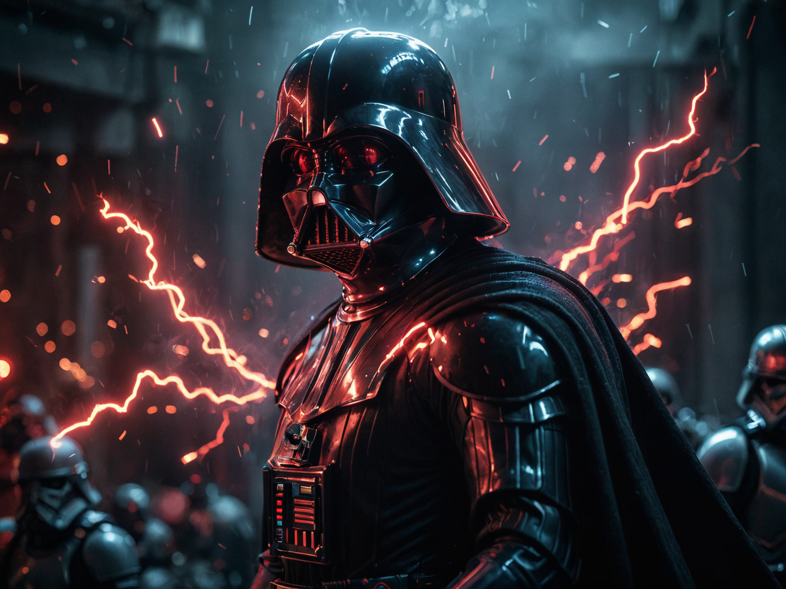 glowneon, glowing storm trooperdarth vader  emitting sparks and electricity, dark red, glowing eyes, cinematic film still <lora:glowneon_xl_v1:1> <lora:add-detail-xl:0.8>