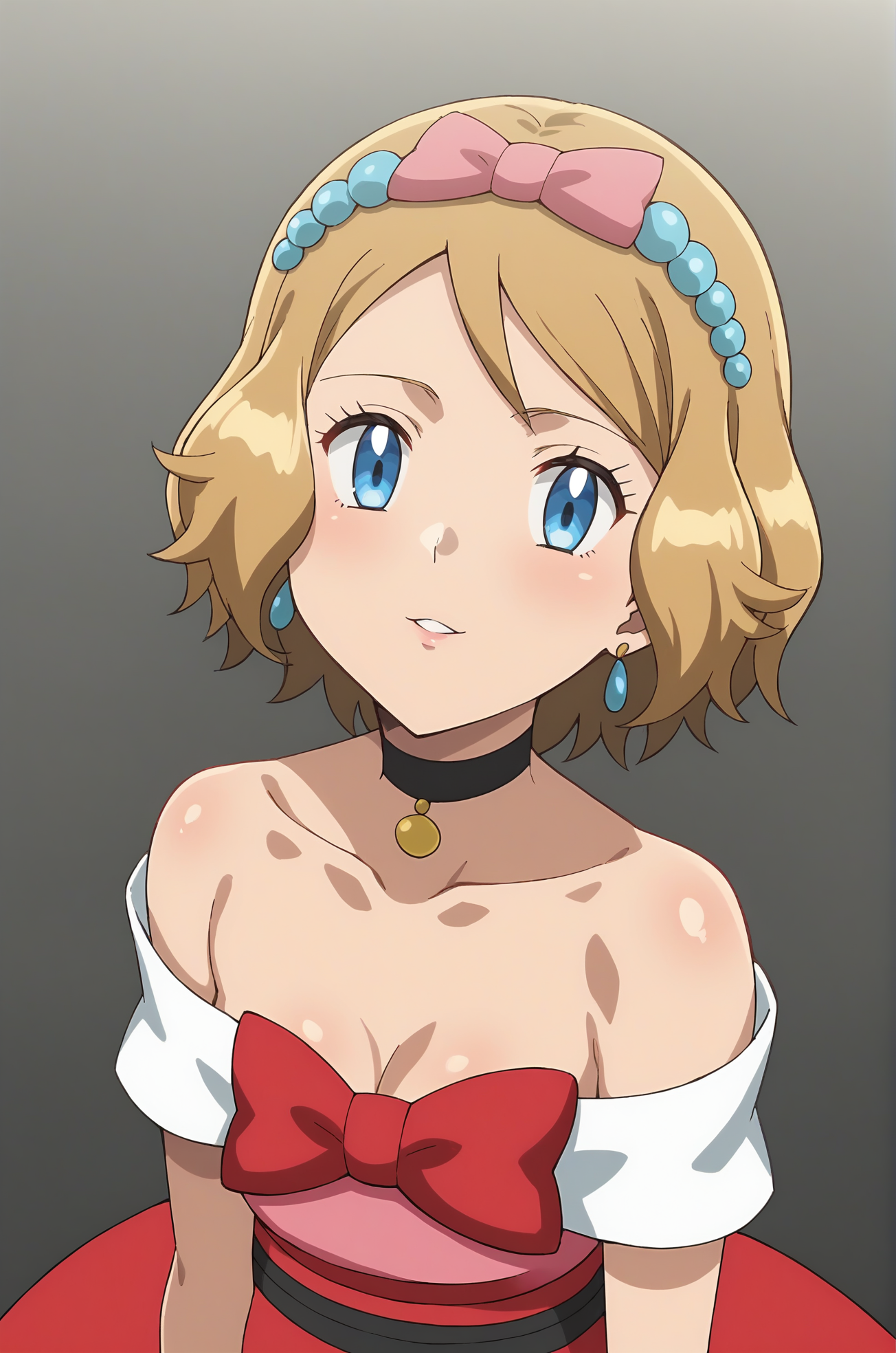 score_9, score_8_up, score_7_up, source anime, anime, animification, anime screencap, anime coloring, vivid colors, shiny skin, skindentation, deep skin, depth of field, high quality, highres, (dynamic angle,dynamic pose),
serenaperf, 1girl, solo, short hair, blue eyes, blonde hair, hair ornament, dress, bow, bare shoulders, jewelry, collarbone, upper body, hair bow, earrings, parted lips, choker, shiny, off shoulder, red bow, shiny hair, eyelashes, black choker, pink bow, pink dress, serena \(pokemon\)
BREAK
masterpiece,high quality
<lora:Serena_Perfomance_Outfit-09:0.9>