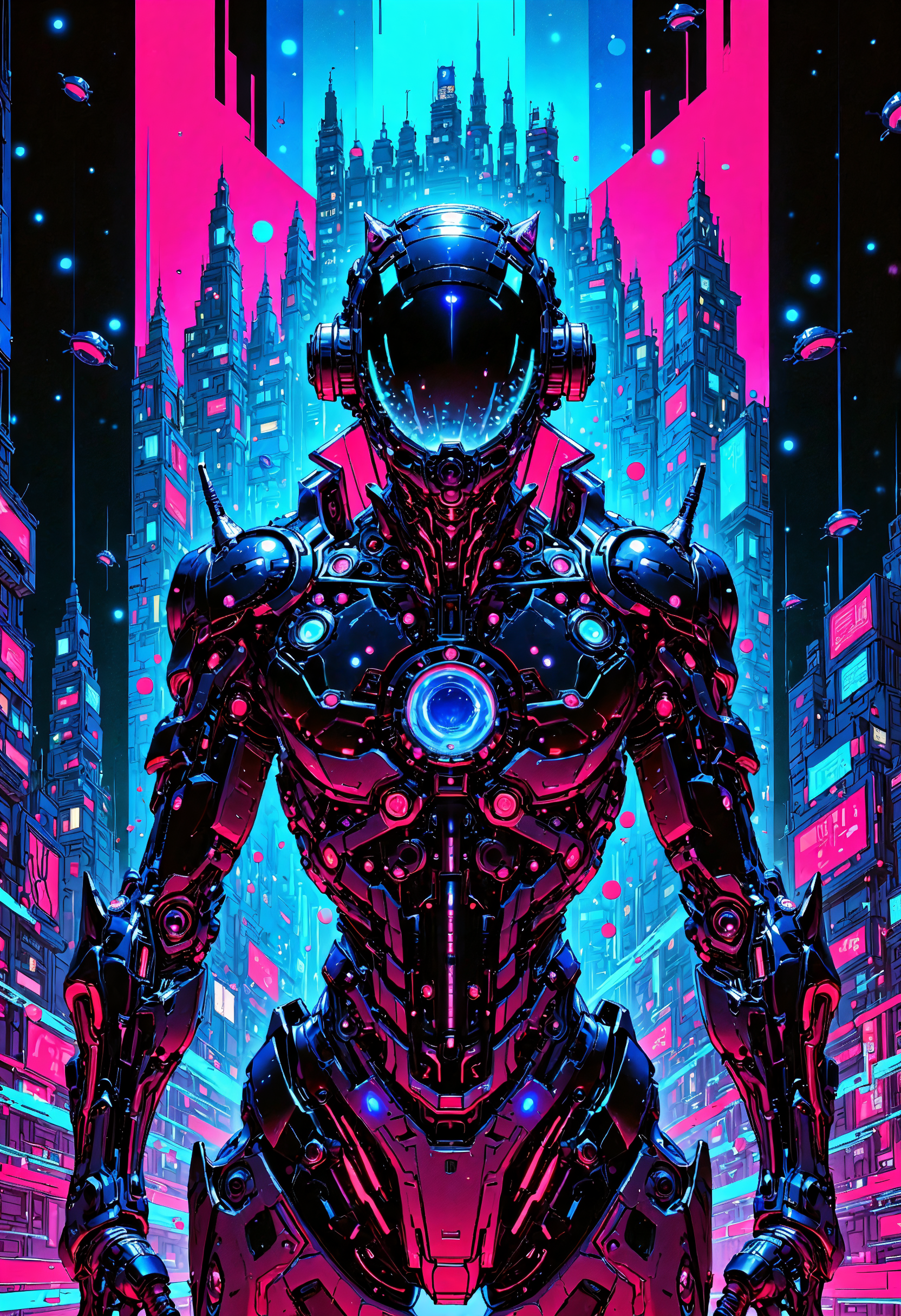 (in Otomo Katsuhiro style:1.2), masterpiece, high-quality, A futuristic scout in a sleek angular suit embedded with pulsating circuits, Theyre framed in a glowing urban sprawl of vertical megastructures and floating drones, their visor reflecting a fragmented digital skyline, One hand grips a small high-tech device scanning the area for unseen threats, urban sprawl, circuit suit, digital skyline, (Stylized in neon cyberpunk anime with a sharp high-contrast aesthetic:1.1), (elaborate fine details:1.1), (hyperdetailed:1.1), (intricate details:1.0), (Refined details:1.1), (best quality:1.1), (high resolution:1.2),