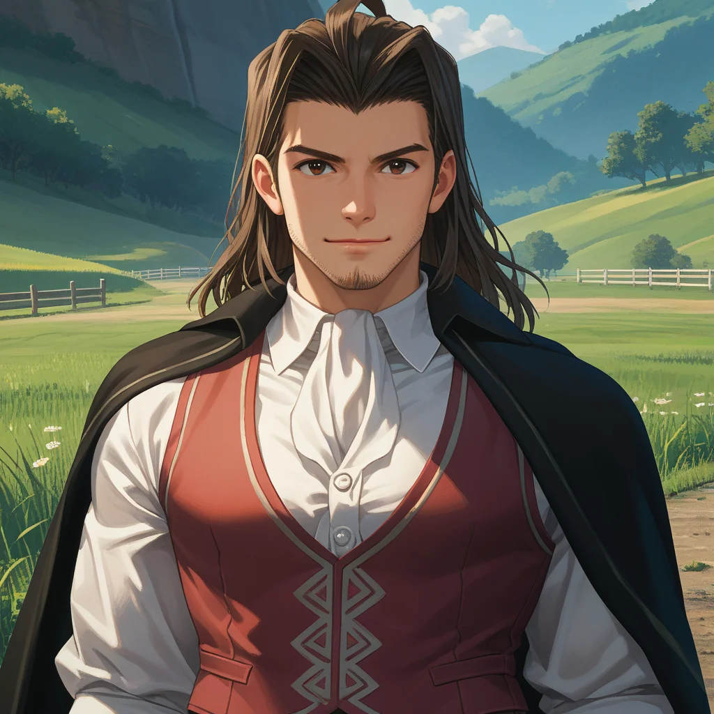 score_9, score_8_up, score_7_up, score_6_up, BREAK 1boy,,standing,simple background,smile, looking at viewer,closed mouth,
<lora:dunbanlora:1>hbodunban,stubble,black cape,red vest,white shirt,dark-brown hair,brown pants,outdoors,fullbody,open field,grass