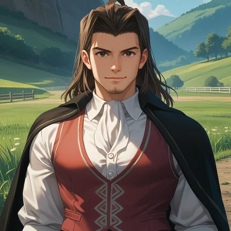 score_9, score_8_up, score_7_up, score_6_up, BREAK 1boy,,standing,simple background,smile, looking at viewer,closed mouth,
<lora:dunbanlora:1>hbodunban,stubble,black cape,red vest,white shirt,dark-brown hair,brown pants,outdoors,fullbody,open field,grass