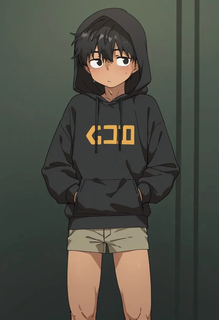 masterpiece, best quality, amazing quality, very aesthetic, absurdres, newest,1boy, solo, male focus, shoodie, shorts, hands in hoodie, squating, glimo,