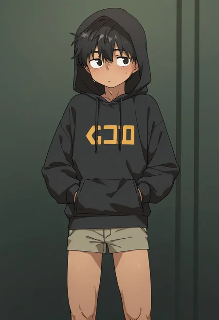 masterpiece, best quality, amazing quality, very aesthetic, absurdres, newest,1boy, solo, male focus, shoodie, shorts, hands in hoodie, squating, glimo,