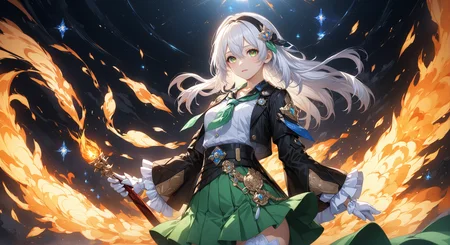(masterpiece, top quality, best quality, official art, beautiful and aesthetic:1.2)
white_shirt,shirt,thighhighs,green_thighhighs,sparkle,looking_at_viewer,highres,covering_own_mouth,jacket,aqua_eyes,hypermin,green_skirt,honkai:_star_rail,hairband,black_jacket,frills,long_sleeves,firefly_\(honkai:_star_rail\),sam_\(honkai:_star_rail\),long_hair,two-tone_eyes,frilled_sleeves,yellow_eyes,henshin_pose,honkai_\(series\),black_hairband,cowboy_shot,1girl,neckerchief,holding,orange_neckerchief,skirt,fire,white_hair
highres, ultra high res, 4k, 8k, intricate detail, cinematic lighting, amazing quality, wallpaper <lora:aesthetic_anime_v1s:1.2> <lora:fiasco_A1:1>