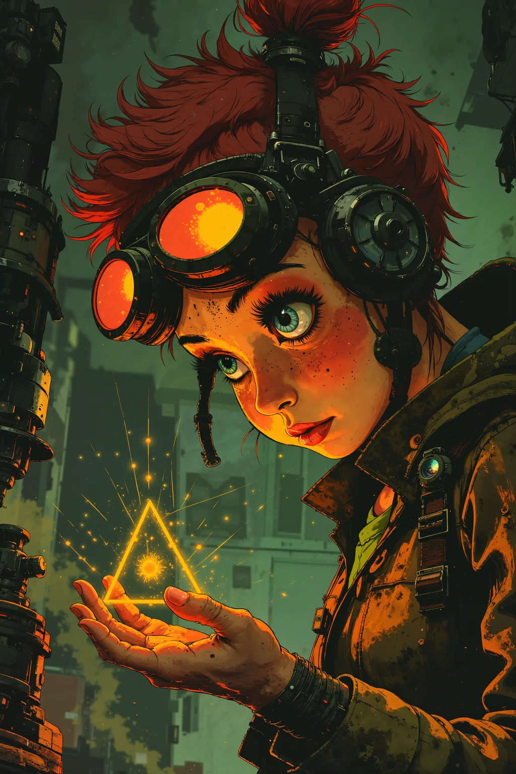 A close-up of a young gnome woman with short, spiky pink hair and pale, freckled skin as she peers through thick, multi-lensed goggles at a tiny, metallic triangle floating just above her palm. Her bright blue eyes are filled with curiosity and excitement as the triangle emits tiny sparks of electricity in her cluttered workshop filled with strange, half-finished machines and gadgets. She wears a long, patchwork coat made of various materials, some metallic and others organic, with odd tools and gears sewn into the fabric. A wide-brimmed metal helmet, equipped with additional lenses and tiny antennae, rests on her head, completing her eccentric look. As she leans in closer, the triangle begins to spin faster, sending out tiny arcs of electricity that dance around her fingers. The workshop around her hums with life, every machine and contraption buzzing in sync with the triangleâs movements. Her expression shifts from excitement to deep concentration as she tinkers with the triangleâs mechanisms, trying to unlock its hidden potential. detailmaximizer<lora:detailed_flux_ntc:2.2><lora:aidmaImageUpgrader-FLUX-V0.1:0.65><lora:Luminous_Shadowscape-000016:0.8>