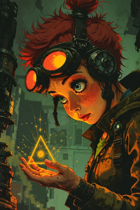 A close-up of a young gnome woman with short, spiky pink hair and pale, freckled skin as she peers through thick, multi-lensed goggles at a tiny, metallic triangle floating just above her palm. Her bright blue eyes are filled with curiosity and excitement as the triangle emits tiny sparks of electricity in her cluttered workshop filled with strange, half-finished machines and gadgets. She wears a long, patchwork coat made of various materials, some metallic and others organic, with odd tools and gears sewn into the fabric. A wide-brimmed metal helmet, equipped with additional lenses and tiny antennae, rests on her head, completing her eccentric look. As she leans in closer, the triangle begins to spin faster, sending out tiny arcs of electricity that dance around her fingers. The workshop around her hums with life, every machine and contraption buzzing in sync with the triangleâs movements. Her expression shifts from excitement to deep concentration as she tinkers with the triangleâs mechanisms, trying to unlock its hidden potential. detailmaximizer<lora:detailed_flux_ntc:2.2><lora:aidmaImageUpgrader-FLUX-V0.1:0.65><lora:Luminous_Shadowscape-000016:0.8>