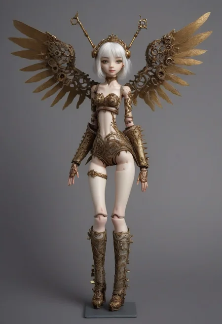 score_9, score_8_up, score_7_up, score_6_up, score_5_up, score_4_up, steampunk, clockwork duck 0ddb0t, mechanical_parts, mechanical_limbs, monster_girl, doll_joints, smile, short white hair, mechanical_tail, mechanical wings, full body, red wings, green head,