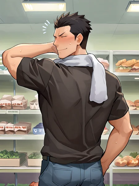 score_9, score_8_up, score_7_up, hires, cowboy shot, anime screenshot, official art, BREAK,
NSFW, 1boy, solo male, bara, upper body, from behind,
<lora:Komaba_Ichirou_Silver_Spoon:0.8> k0maba, black hair, black eyes,
back, black shirt, character print, animal print, towel around neck,
supermarket, grocery store,
sweat, sweatdrop, notice lines,
hand on pocket, hand behind head, looking back,
closed eyes, smiling, happy, blushing, looking at viewer,
<lora:Smooth Anime 2 Style SDXL_LoRA_Pony Diffusion V6 XL:0.7>